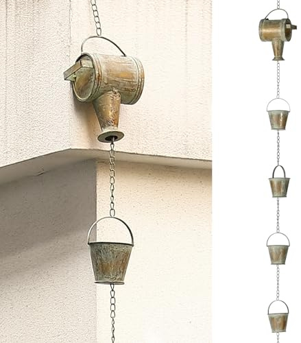 Jemeni Riego de hierro de 8.5 pies de longitud y cadena de lluvia Buckers, bajante de repuesto para canaletas, acabado de pátina de cobre