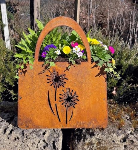 STEINFIGURENWELT GIEBEN Edelrost Handtasche mit 2 Blumen 27x32cm Tasche zum Bepflanzen Rost Pflanztasche Allium Pusteblume Blumentopf Windlicht Edelrost Gartendeko