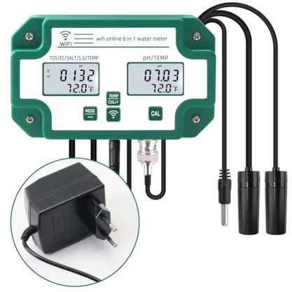 KKnoon 6-in-1-Wasserqualitätstester WiFi-Multiparameter-Wasserqualitätsmonitor Digitaler pH-Wert/Gesamtmenge an gelösten Feststoffen/EC/S.G/Salz/Temp-Messgerät für Aquakultur-Schwimmbecken