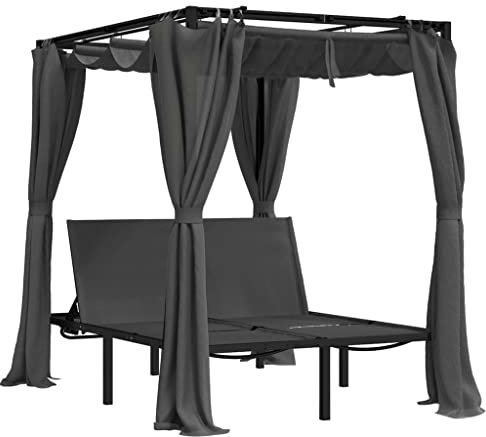 Makastle Sonnenliege mit Vorhängen und Baldachin, Verstellbare Rückenlehne, Doppel Gartenliege Lounge Doppelliege Relaxliege Sonnenbett Doppelbett Gartenmöbel Liege Liegestuhl, Anthrazit