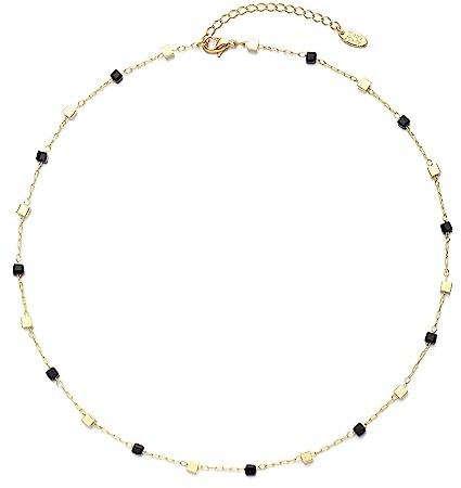 Beaded Choker Necklaces, Handmade Healing Crystal Stone Choker Colorful Bohemian Gemstone Necklaces Gold Summer Beach Choker Necklaces for Women Girls CK-Black-gold-beads