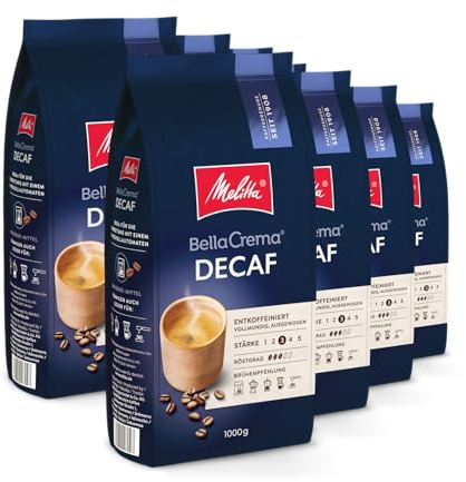Melitta BellaCrema Decaf Ganze Kaffee-Bohnen entkoffeiniert 8 x 1kg, ungemahlen, Kaffeebohnen für Kaffee-Vollautomat, koffeinfrei, milde Röstung, geröstet in Deutschland, Stärke 3