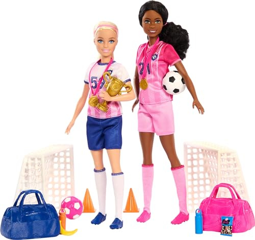 Barbie-yrkesdockor och 15 tillbehör, lekset med fotbollsspelare med Barbie ”Brooklyn” och blond liten spelardocka, 2 målburar, 2 bollar med mera, HRG88