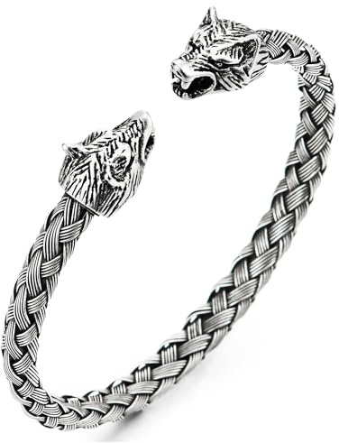 COOLSTEELANDBEYOND Herren Wolfskopf Armband Edelstahl Geflochtene Stahlkabel Armreif Manschetten Armband Alte Silberne Farbe, Verstellbare