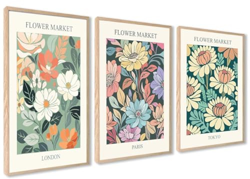 Stilvolles Blumen Bilder Set | 3 Stück 30x40cm | Flower Market Vintage Poster Set Kunstdruck | Wohnzimmer Wall Art | ohne Rahmen | Stilvolles Blumen Bilder Set Flower Market Vintage Kunstdruck Wohnzimmer Wall Art, Modernes Design, Hochwertige Qualität