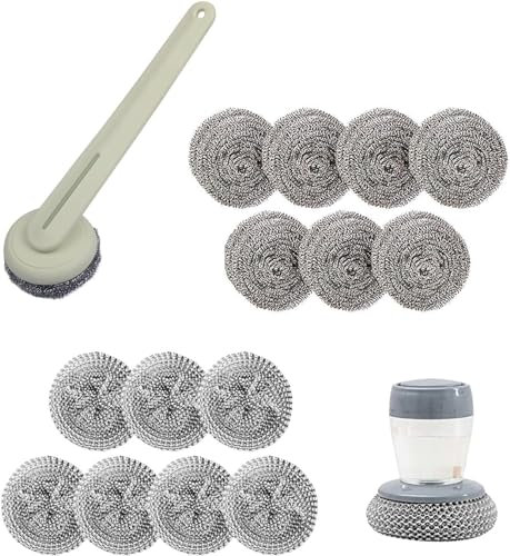 BFJ Stainless Steel Wool Brush Dish Scrubber with Handle Replacement Heads - Steel Scrubbing Scouring Pad Set of 16, Kitchen Cleaning Metal Dish Scrubber for Washing Dishes Grate Pot Pan Sink