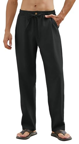 Yuson Girl Pantalon Lino Hombre Verano Pantalones de Lino y Algodon Casual Anchos Largos Pantalón Cómodos Ligeros Pantalones Rectos con Cordón Bolsillos para Vacaciones, Uso Diario(Negro, XL)