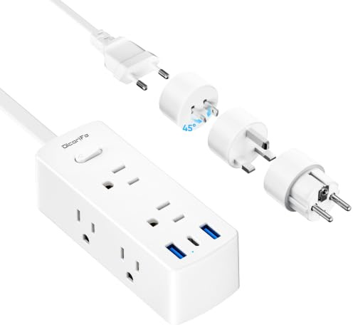 European Travel Plug Adapter, Olcorife Universal Travel Adapter for EU UK US AUS, 6 Outlets 3 USB Ports with 5ft Extension Cord, International Power Adapter for US to Europe UK AUS