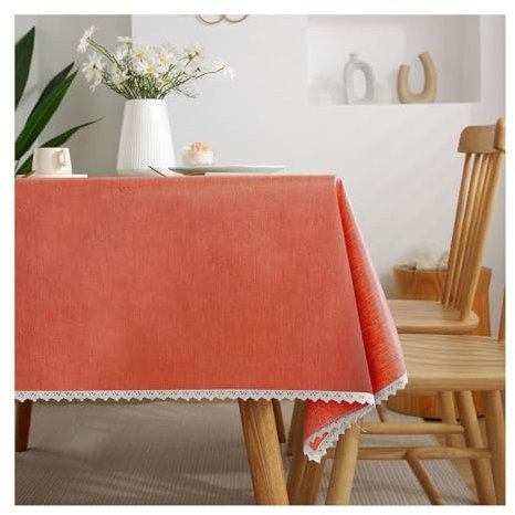 Epinki Tischdecken 100x160CM, Tischtuch Einfarbig Spitze Kante Polyester, Tischtuch Biertisch Abwaschbar für Esszimmer, Garten, Party, Hochzeiten, Orange