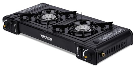 Krypton Portable Gas Stove Double Burner - Stainless Steel Top, Dual Safety Valve, Over-Pressure Protection | Camping Stove Die-Cast Aluminium Burner Butane Gas - Outdoor and Indoor