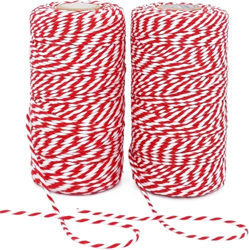 Weihnachtsschnur, 2 Rollen, 200 m, Bäckergarn, Baumwollschnur, natürlich, rot, weiß, Metzgerschnur, Schnur für Geschenkverpackungen, Backen, Kunsthandwerk, Gartenarbeit, Heimwerken, Heimdekoration