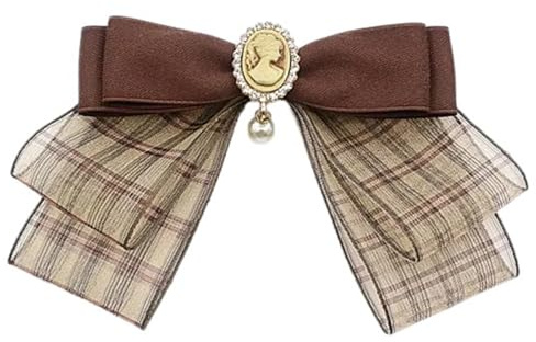 Yilingjc Brosche für Damen und Mädchen, Vintage-Stil, braun, kariert, mit Schleife, für Damen, Mädchen, japanische adrette Uniform, vorgebundene Schleife