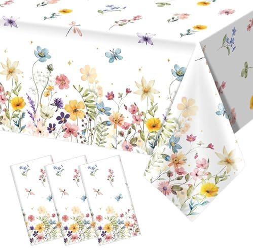 Utolily 3 Pieces Wildflower Tablecloths Spring Floral Baby Shower Birthday Tablecover Plastic Disposable Rectangle Table Covers for Spring Summer Picnic Wedding Tea Party