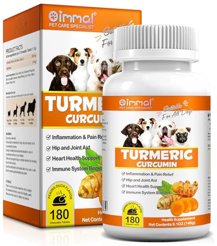 Turmeric for Dogs, 180P Turmeric Curcumin Chewable Tablets with Turmeric Root Supports Hip & Joint, Immune System, Heart Health, Maintains Mobility & Dogs Pain Relief, Pet Supplement Treats for Dogs