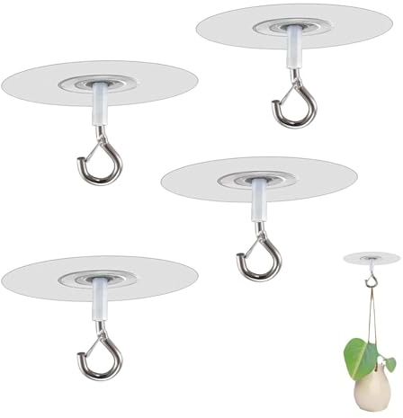 YREYBN 4 PCS Adhesive Ceiling Hook, Heavy Duty Self-Stick Ceiling Hooks, No Hole Adhesive Ceiling Hooks for Hanging Plants, for Bird Feeders, Lanterns, Wind Chimes, Planters, Outdoor Decoration Hooks