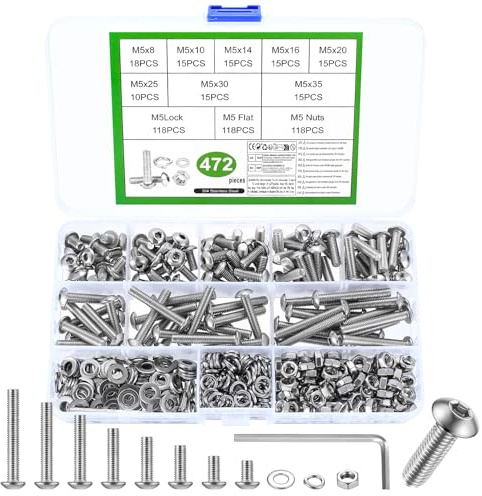 472 Pcs M5 Set, M5 Bolts and Nuts Set, Assorted and Set, Hex Socket Head Cap Screws Bolts and Nuts Set with Washers, Pan Round Head Machine Screws Assortment Kit