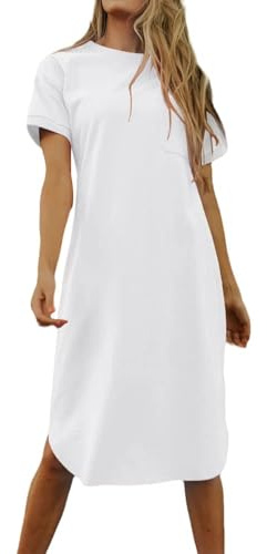 Imily Bela Vestido de camiseta de verano para mujer, de algodón, manga corta, cuello redondo, minivestido, informal, con bolsillos.