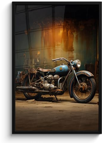 MuchoWow© Bilder mit Rahmen Poster Wanddekoration Wohnzimmer Deko Modern | 60x90 cm - Geschenke Bilderrahmen Vintage - Motor - Blau - Alt - Garage