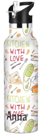 Botella de agua personalizada con nombre personalizado para niños con pajilla, botellas de agua aisladas a prueba de fugas, 20 onzas, sin BPA, blanco Happy Cooking