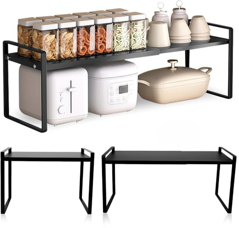 Erweiterbares Schrankregal - Stapelbarer Küchenregal Organizer für Küchenschrank und Arbeitsplatten, Mikrowellen Regal, Speisekammerregal, Verstellbarer Regal Gewürzregal Lagerregal, Länge 35-65cm