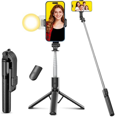 POWOMAO Selfie Stick Tripod with Fill Light,125cm Portable Telescopic Selfie Stick with Detachable Remote Control and Stable Tripod for iPhone/Samsung/Huawei/Smartphones
