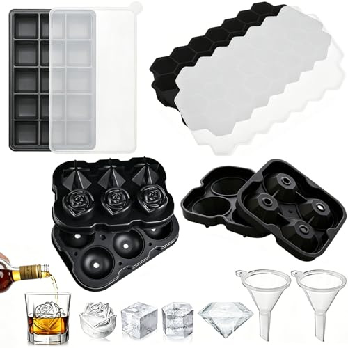 Wesoke 4 Pack Ice Cube Trays Silicone Square Hexagonal Rose Diamond Ice Cube Molds Set Ice Cube Maker with Lid & 2 Funnel for Whiskey Cocktails Chilled Drink, Easy Release & Reusable & BPA Free, Black