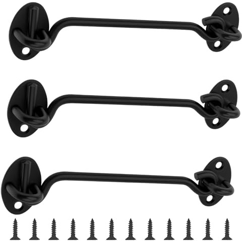 AMONENZ 3 Pezzi 150mm Chiusura a Gancio e Occhiello, Nero Ganci per Cabina, 201 Acciaio Inox Gancio Fermaporta, Ferma Persiane con 12 Viti per Porte, Finestre, Cucce per Cani, Armadi