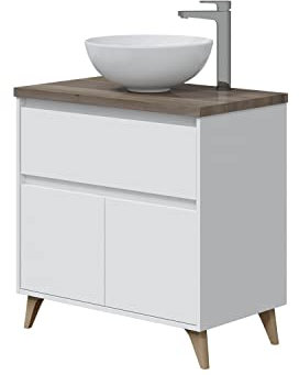 Mobile bagno 80 cm a terra con lavabo da appoggio bacinella ceramica 2 cassetti BIANCO LUCIDO + OLMO 305732BO