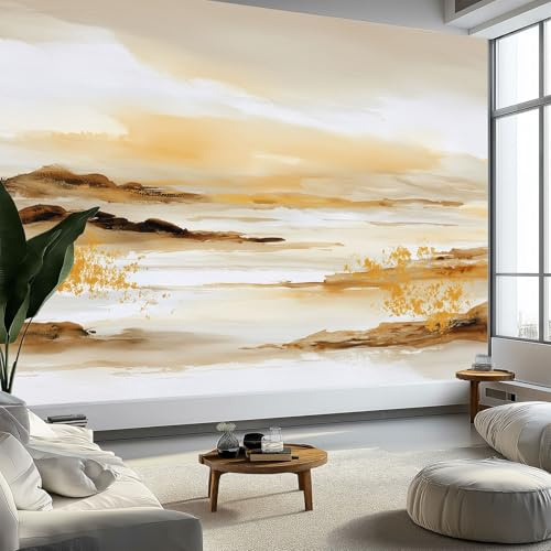 Carta da parati astratta ad acquerello, paesaggio, beige, in tessuto non tessuto, 200 x 140 cm, per camera da letto, soggiorno, corridoio, immagini panoramiche