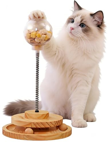 EUBSWA Interaktives KatzenSpielzeug mit Futterball Snackball | Roller Tracks & Drehteller für Langeweile-Bekämpfung | Leckerli-Automat Spielzeug aus Holz für Indoor-Katzen & Alleinbleibende Tiere