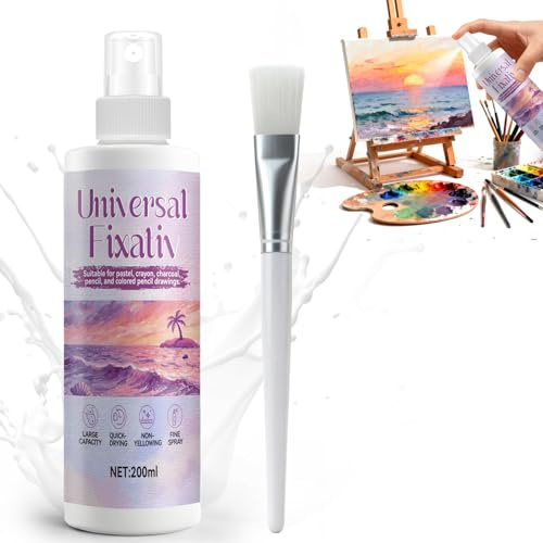 Spray fissativo per arte, spray fissativo per disegni a matita, carboncino e pastello, fissaggio del colore, adatto per acquerelli, guazzo, olio, acrilico, inchiostro e colori pastello, con pennello