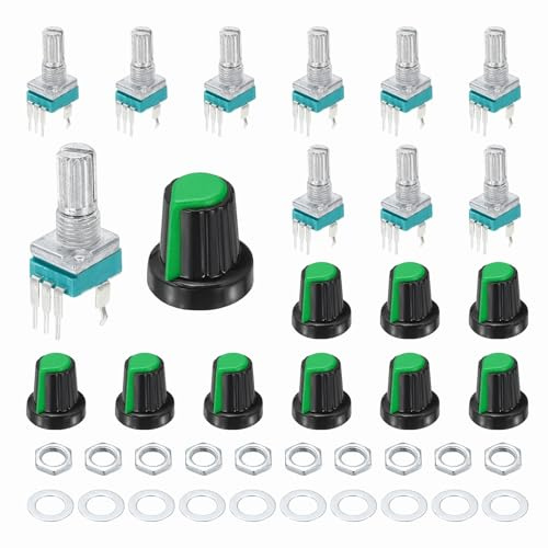 sourcing map 10pcs RK097N B100K Potentiometer 15mm Knurled Shaft Vertical | 3Pin Single Linear Rotary Seal Amplifier Logarithmic Potentiometer with Green AG2 Plastic Knob for Audio Amplifier