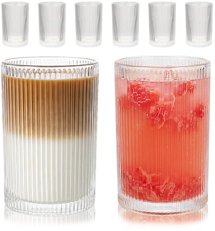 WeirdUncle Set of 6 Large capacity Ribbed Glassware, 17oz Vintage Clear Glass Tumbler, Origami Style, Fluted Design, Ideal for Water, Iced Coffee, Mixed Drinkware, Tea, Latte, Housewarming Gift