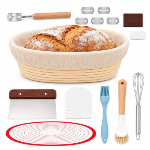 Banneton Proofing Basket, 25cm Oval Natural Rattan Sourdough Proving Basket | with Linen Cloth Liner & 8Pcs Baking Tools Set, Includes Silicone Mat, Whisk, Scraper for Home & Professional Bread Baking