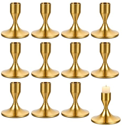 Set om 12 ljusstakar guld: metall stavljushållare ljushållare, stavljushållare 7,5 cm, gyllene ljusstakar, för bröllop, fest, jul, bordsdekoration och vardagsrum