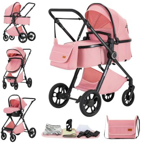 GLOKID 3 in 1 Kinderwagen Komplettset | Bis 22 kg, Höhenverstellbarer, Verstellbare Liegeposition, Kompakt Zusammenklappbar | Inkl. Babyschale, Wickeltasche, Moskitonetz und Adapter (Rosa)