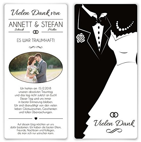 Kartenmachen.de Selbst gestalten: Hochzeit Dankeskarten (ab 10 bis 100 Stück) Danksagungskarten Danksagung Foto individuell - Black and White Brautpaar Weiß, modern, festes Papier, DIN Lang hochkannt