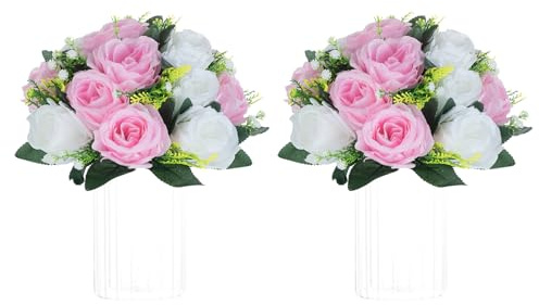 NUPTIO 2 Stück Künstliche Blumenstrauß, 15 Köpfe Kunststoff Rosen mit Sockel, Geeignet für Unser Geschäft Hochzeit Herzstück Blumenregal für Parteien Valentinstag Dekoration(Pink & Weiß)