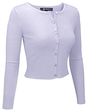 YEMAK Women's Cropped Cardigan Sweater – Long Sleeve Crewneck Basic Classic Casual Button Down Knit Soft Lightweight Top, Lilac, M