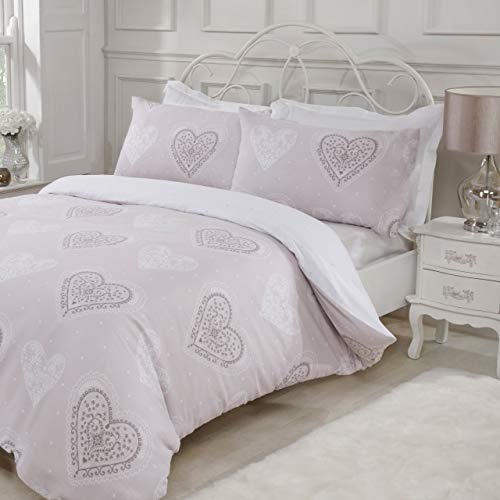 Sleepdown Decorative Hearts Super King-Natural Reversible Bedding Set and Pillowcases, Cotton Mix