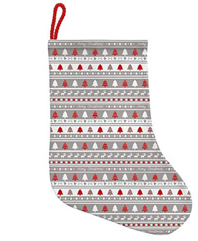 ABAKUHAUS Weihnachten Hängende Nikolausstiefel Weihnachtssocken, Deer Bäume Borders, Weihnachtsstrumpf zum Aufhängen, 25x35cm, Grau, Weiß und Rot