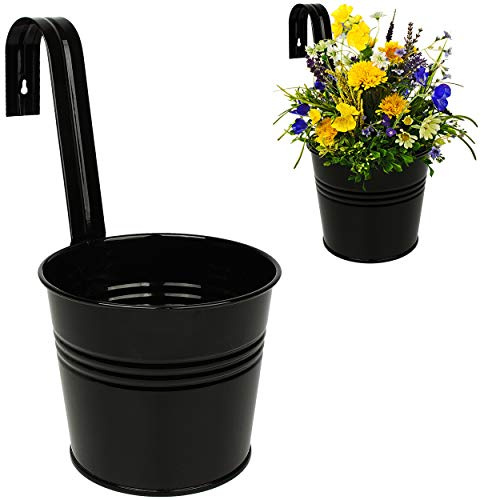 alles-meine.de GmbH 4 Stück Hänge - Blumentöpfe/Geländertöpfe/Pflanztöpfe - Metall - Ø 17 cm - schwarz - Hängend/mit Haken & Halterung RUND - Aufhängen - groß - mit Henk..