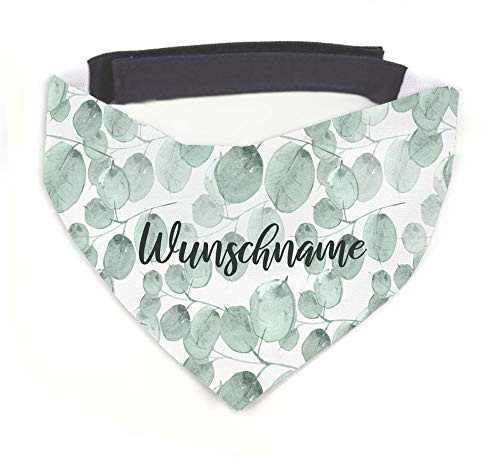 Tierisch-tolle Geschenke Hundehalstuch mit Namen Vintage Blätter personalisiert inklusive Wunschname mit 12 cm Klettverschluss für kleine, mittlere und große Hunde (M = Halsumfang: 38-45 cm)