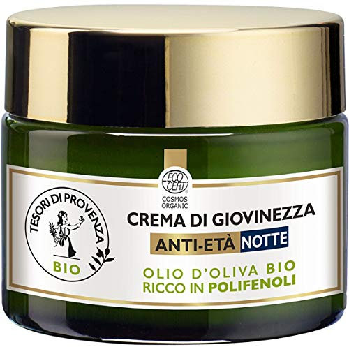 Tesori di Provenza Crema Viso Anti-età Notte BIO, Crema di Giovinezza, con Olio d'Oliva Biologico, Ricco in Polifenoli Antiossidanti, 50 ml
