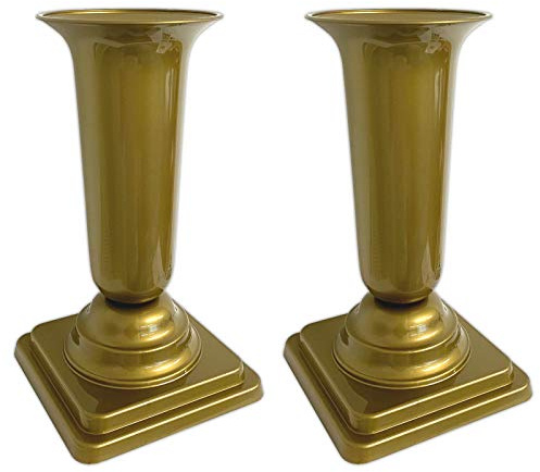 HAC24 2er Set Grabvase Gold Grabschmuck Kunststoff Friedhofsvase mit Sockel Friedhof Blumenvase Grabdekoration Grab Vase Grabsteckvase