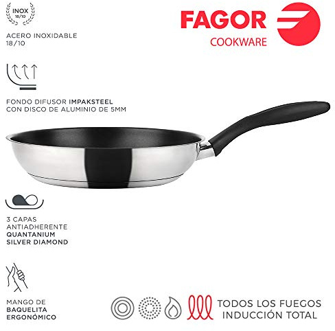 Fagor Inoxtherm Bratpfanne Induktion 28 cm, Edelstahl, Antihaftbeschichtetes Ökologisches Titan QUANTANIUM ohne PFOA, Diffusorboden, Geeignet für Alle Herdarten, Glaskeramik, Gas, Geschirrspüler