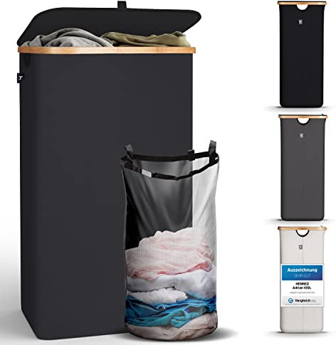 HENNEZ Wäschekorb mit Deckel Wäschesammler mit Griff aus Bambus, Faltbare und Waschbare Tasche, 100 l Wäschekorb für Waschküche, Atmungsaktiver Wäschebox Schwarz