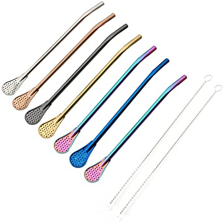 Reusable Straws Spoon for Yerba Mate Stainless Steel Straw Spoon Filter Strainers for Loose Tea, Coffee Stirrers, Smoothie Slushy Straws, 9 Pcs 6 Colors with 2 Cleaner Brushes