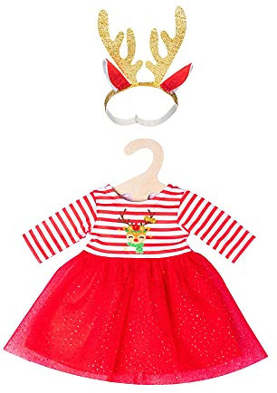 Heless 2151 - Weihnachts-Kleid für Puppen im Design Rentier Rudi, inklusive Haarband mit prachtvollem, goldenen Geweih, Größe 35 - 45 cm