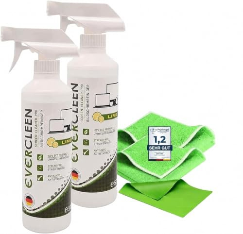 EVERCLEEN Screen Cleaner Pro 2x Bildschirmreiniger 500ml + 2x Mikrofasertuch. Umweltschonender veganer Reiniger Made in Germany für TV, PC, Laptop, Tablet, Displays, Brillen & Smartphone…
